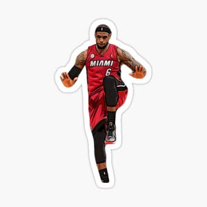 May include: A sticker featuring a basketball player in a red jersey with the word "MIAMI" and the number "6". The player is in a dynamic pose, with one leg raised and arms outstretched. The sticker has a white border.