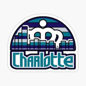 May include: A sticker featuring the city name "Charlotte" in teal, outlined in white and black. Above the text is a stylized design with a crown and a cityscape in teal, white, and blue. The sticker has a white border.