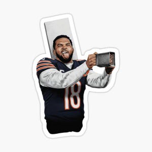 May include: A sticker featuring a football player in a navy blue and orange jersey with the number 18. The player is holding a small, black object and sticking out his tongue. A white rectangle is behind the player.
