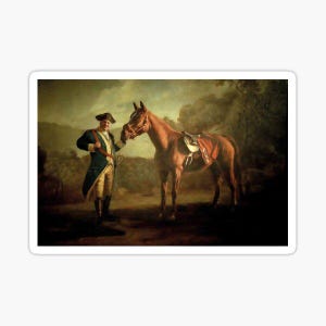 May include: A sticker featuring a vintage painting of a man in a blue coat and tricorn hat standing next to a brown horse with a saddle. The background is a landscape with trees and a cloudy sky.