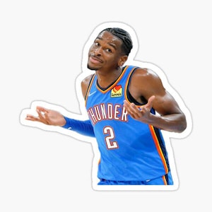 May include: A sticker featuring a basketball player in a blue jersey with the word "Thunder" and the number 2. The player is smiling and shrugging, with his arms outstretched. The sticker has a white border.