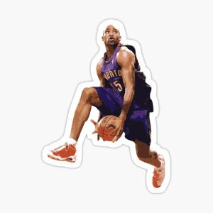 May include: A sticker featuring a basketball player in a purple and black uniform with the word "TORONTO" and the number "5". The player is in mid-air, holding a basketball, with red shoes.