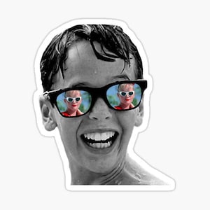 May include: Black and white sticker featuring a smiling person wearing black sunglasses. The lenses reflect a person in a red top and white sunglasses. The image is a sticker.