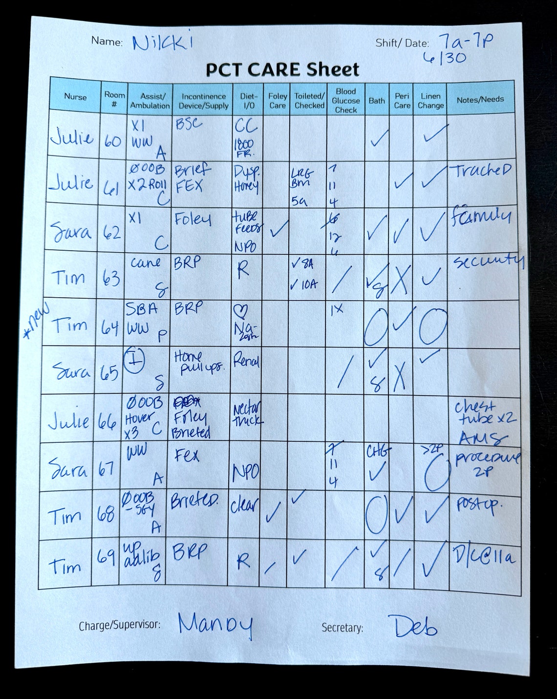 Simple & Efficient PCT Care Sheet | All-inclusive Shift Organization ...