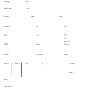 May include: A blank medical chart form with headings for patient information, medical history, and vital signs.