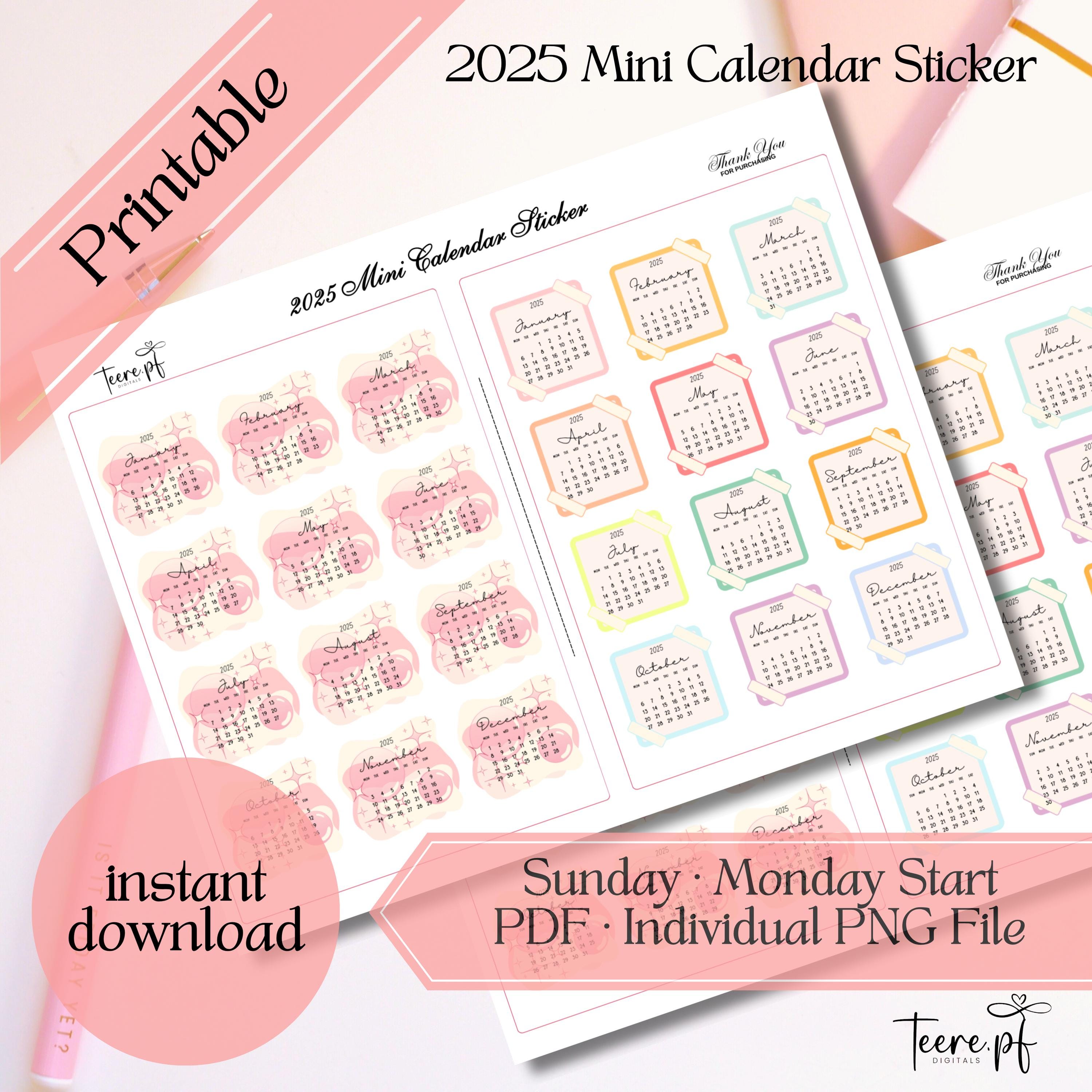 2025 Mini Calendar Sticker, Printable Planner Sticker - Etsy