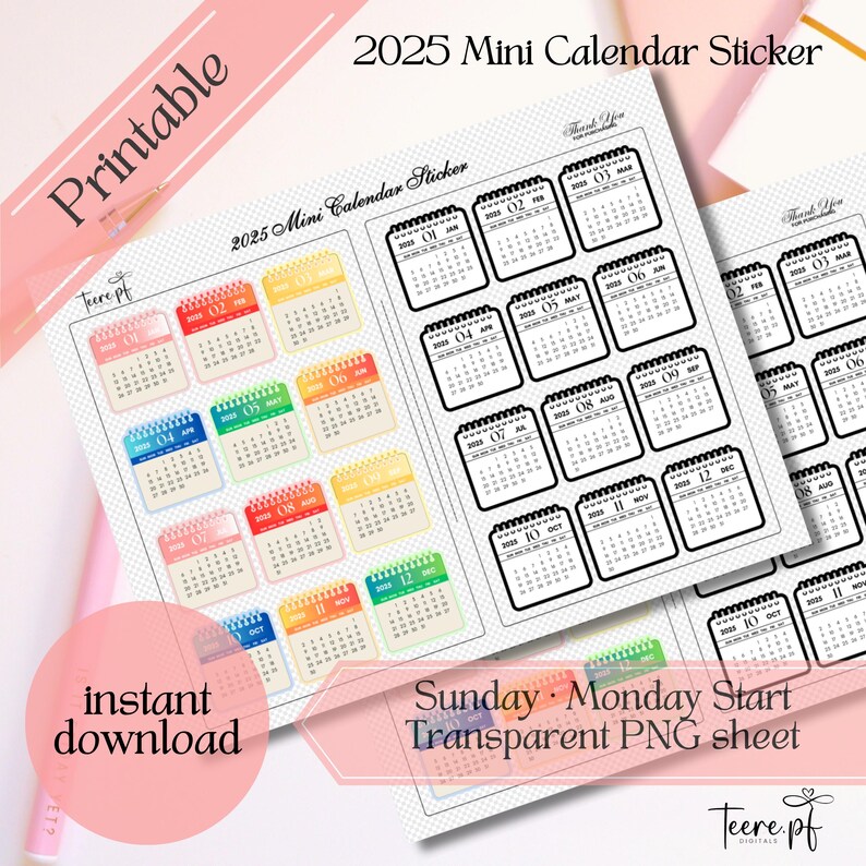 2025 Mini Calendar Sticker, Printable Planner Sticker - Etsy