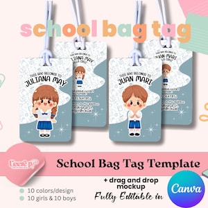 Puede incluir: Plantilla de etiqueta para bolsa escolar con ilustraciones de una niña y un niño con uniforme escolar. Las etiquetas son de color azul claro con texto blanco e incluyen el texto "School Bag Tag Template" y "Fully Editable in Canva".