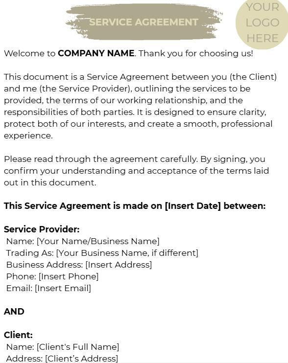 Editable Generic Policy Business Startup Documents Self Employed Forms Service Agreement Contract