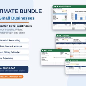 Peut inclure: Un ensemble numérique pour petites entreprises comprenant quatre classeurs Excel automatisés pour les finances, les commandes, les stocks et les prix. L'affichage inclut un tableau de bord mensuel, un calendrier, une facture et une liste de prix.