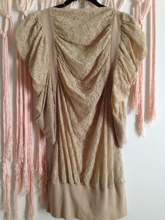 Vintage Lace Puff Sleeve Nude Blouse Tunic Dress
