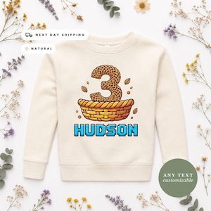 May include: A natural-colored crewneck sweatshirt featuring a graphic of a woven number three sitting inside a woven basket, with the name HUDSON printed in blue block letters below the basket, surrounded by small brown leaf illustrations.