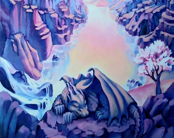 Pintura acrílica de un dragón soñador, paisaje fantástico de montaña, bellas artes (16 x 20)