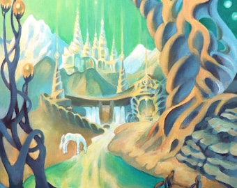 Pintura acrílica original, paisaje de castillo de fantasía, lienzo de 16 x 20