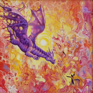 May include: An acrylic painting depicts a purple dragon in flight against a vibrant, swirling background of yellow, orange, and red hues. The dragon is detailed with textured wings and scales. A figure in a yellow robe is in the lower right corner.