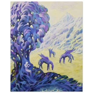 Póster Sonidos de flauta, impresión artística de fantasía serena, flauta, pegaso, mundo misterioso, tonos violetas, idea de regalo creativa