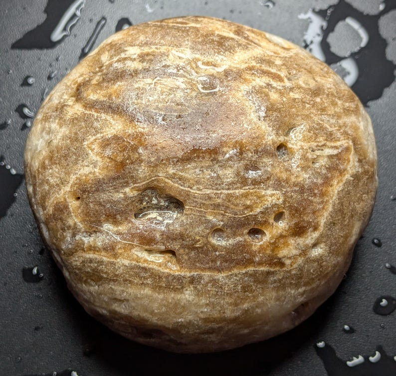 Puede incluir: Una piedra redondeada y lisa, con una combinaci&oacute;n de colores marr&oacute;n claro y beige. La piedra presenta un patr&oacute;n en capas con marcas naturales y peque&ntilde;os agujeros. La superficie parece ligeramente h&uacute;meda, reflejando la luz. Un objeto natural y terroso.