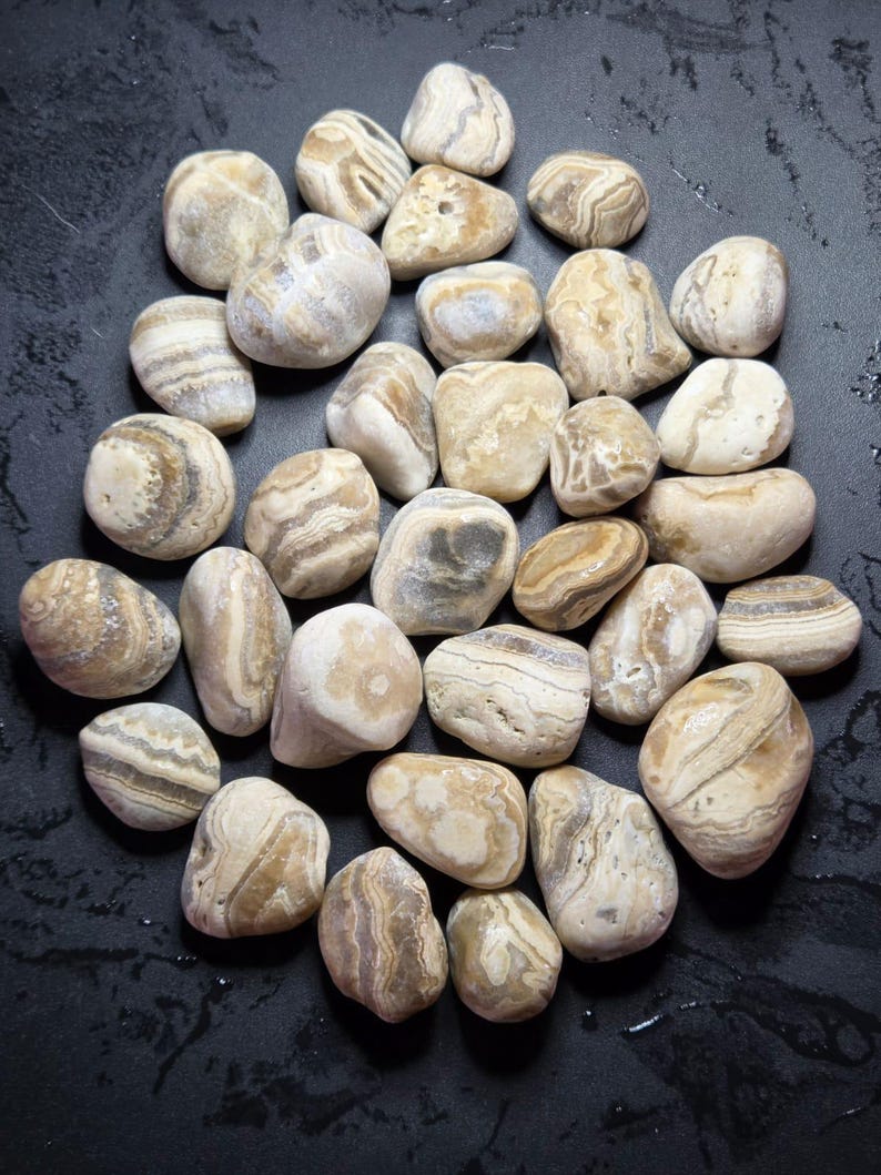 Pu&ograve; includere: Una collezione di pietre lisce e arrotondate nelle tonalit&agrave; del beige, crema e marrone. Le pietre presentano motivi e texture naturali, con alcuni che mostrano disegni a fasce o a strati. Le pietre sono disposte su una superficie scura.