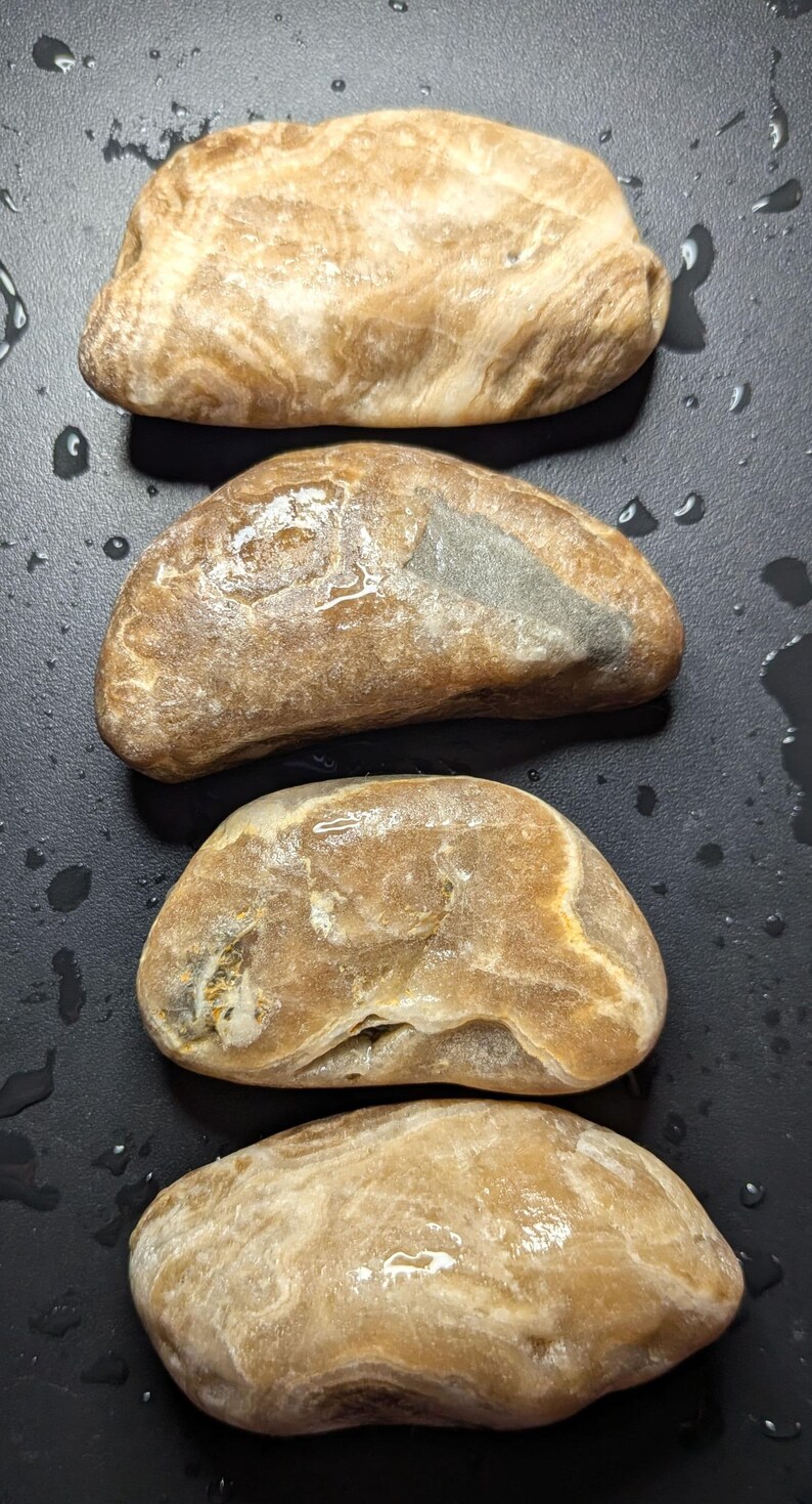 Puede incluir: Cuatro piedras lisas de forma ovalada, en tonos beige y marr&oacute;n, dispuestas verticalmente. Las piedras tienen un aspecto pulido, con vetas y patrones visibles. El fondo es una superficie oscura con gotas de agua.