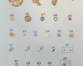 Peças do mecanismo do relógio Omega Cal 700: roda, mola, ponte, garfo, alavanca, tambor.