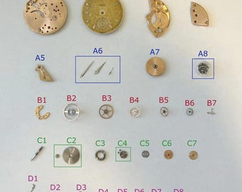 Peças do mecanismo do relógio Omega Cal 265: Diapasão do balanço, roda dentada, mola, ponte, escape.