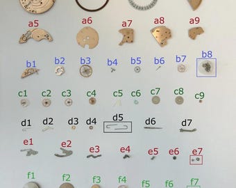 Peças do mecanismo Omega Calibre 1010: Garfo, Roda, Mola, Ponte, 1020, 1012, 1021, 1022