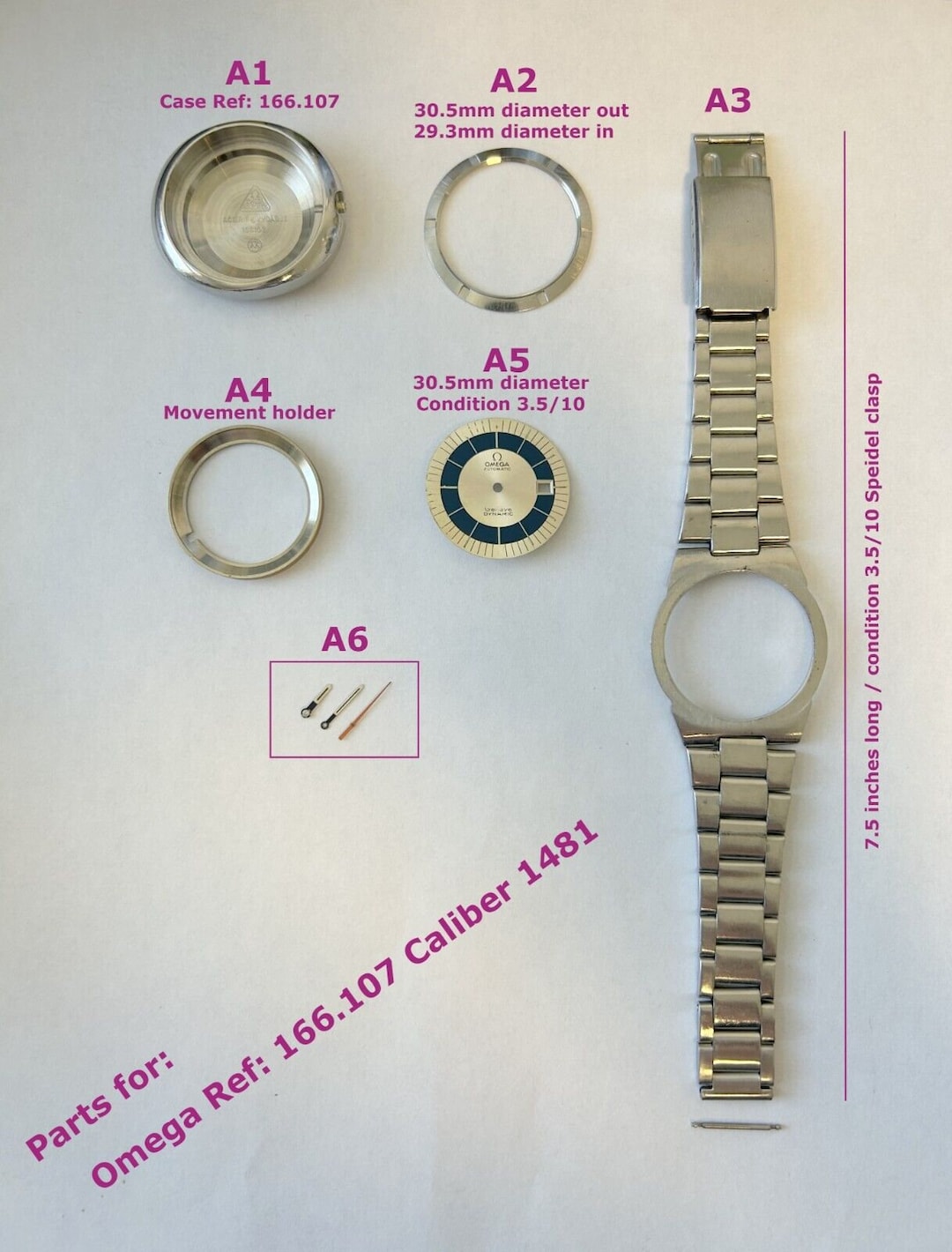 OMEGA Dynamic Case Parts Bracelet Ref 166.107 Hands Dial Watch Caliber ...