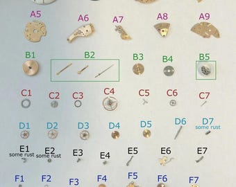 Peças do mecanismo do relógio Omega Cal 565: Balanço, Roda dentada, Mola, Ponte, Escape 3