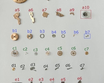 Peças do mecanismo Omega Cal 500: garfo do balanço, rodas, mola, ponte 501, 502, 503, 505, 4