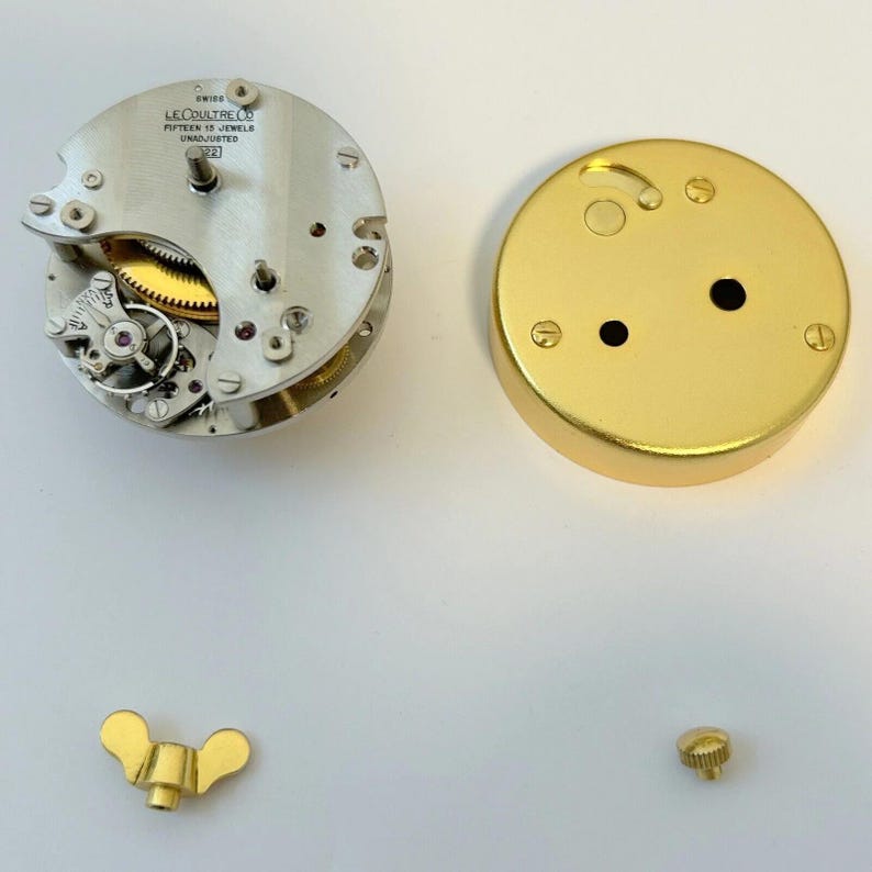 Movimiento de reloj Jaeger LeCoultre Calibre 222 para piezas, horquilla de equilibrio, perilla de llave, barrilete imagen 1
