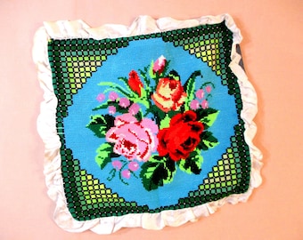Vintage Pillowcase, Handcrafted 1950s Decorative Accent, Country Farmhouse Style, Cottagecore Roses, 16.5"x16.5"