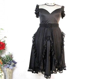 Vintage Dancing Queen Black Dress, Romantic Boho Gothic Bridesmaid Fitted A-Line Size M