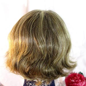 May include: A short, layered wig with a blend of light brown and olive green tones. The wig has a natural-looking style with soft waves and a slightly tousled appearance. The wig is designed to be worn on the head.