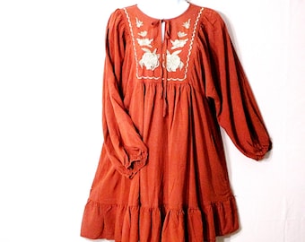Vintage Embroidered Hippie Boho Peasant Summer Burnt Orange Top Tunic
