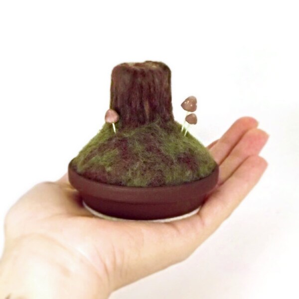 Miniature Tree Stump Pincushion w Mushrooms - Wool and Clay Sculpture Home Decor Display