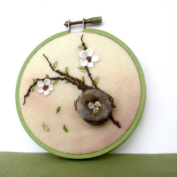 Bird Nest and Flowers - Relief Wall Art in Green 4 inch hoop