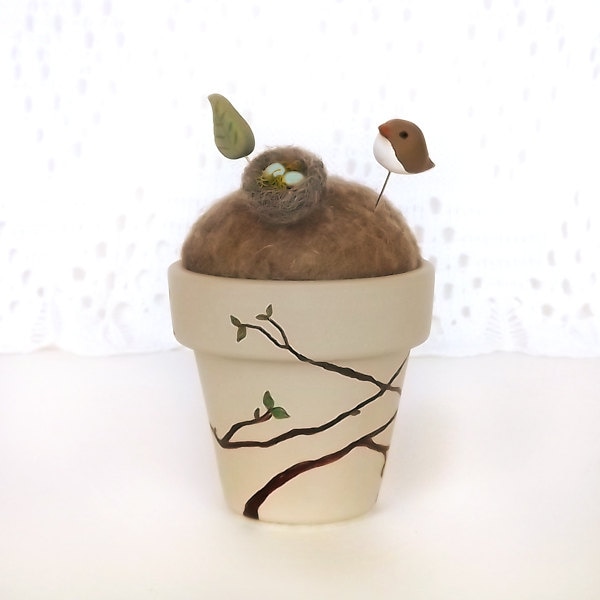 Ready To Ship Pincushion Gift Set with Bird Nest and Leaf Pins - Woodland Nature Pin Cushion