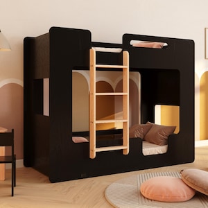 Stapelbed, MIMI B BLACK, houten stapelbed, stapelbed met ladder, stapelbedden voor kinderen, Montessori-bed, snelle verzending