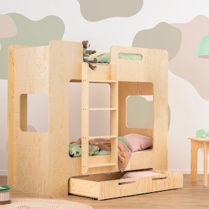 Bunk Bed with Drawer for Children, MIMI D 11 COLOURS, Wooden Bunk Bed with Ladder on Left, Montessori Bed with Storage, Fast Dispatch