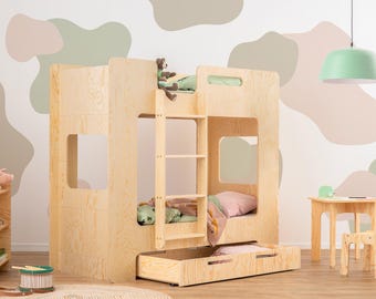 Stapelbed met lade voor kinderen, MIMI D 11 kleuren, houten stapelbed met ladder aan de linkerkant, Montessori-bed met opbergruimte, snelle verzending