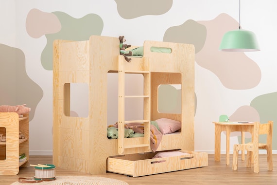 Bunk Bed with Drawer for Children, MIMI D 11 COLOURS, Wooden Bunk Bed with Ladder on Left, Montessori Bed with Storage, Fast Dispatch