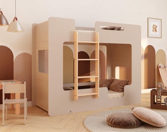 Stapelbed, MIMI B CASHMERE, houten stapelbed, stapelbed met ladder, stapelbedden voor kinderen, Montessori-bed, snelle verzending