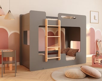 Stapelbed, MIMI B GRAY, houten stapelbed, stapelbed met ladder, stapelbedden voor kinderen, Montessori stapelbed, snelle verzending