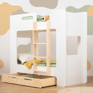 Bunk Bed with Drawer for Children, MIMI D 11 COLOURS, Wooden Bunk Bed with Ladder on Right, Montessori Bed with Storage, Fast Dispatch