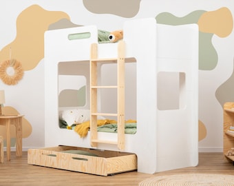 Stapelbed met lade voor kinderen, MIMI D 11 kleuren, houten stapelbed met ladder aan de rechterkant, Montessori-bed met opbergruimte, snelle verzending