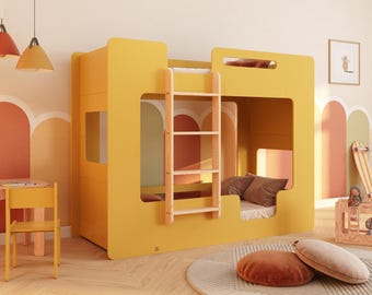 Stapelbed voor kinderen, MIMI B MOSTERDGEEL, houten stapelbed, stapelbed met ladder, stapelbedden voor kinderen, Montessori bed, snelle verzending