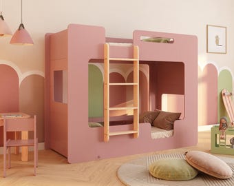 Stapelbed, MIMI B PINK, houten stapelbed, stapelbed met ladder, stapelbedden voor kinderen, Montessori stapelbed, snelle verzending