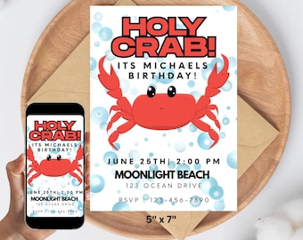 May include: A birthday invitation with a red crab illustration and the text "Holy Crab! Its Michael's Birthday!" The invitation includes the date, time, location, and RSVP information. The invitation measures 5" x 7".