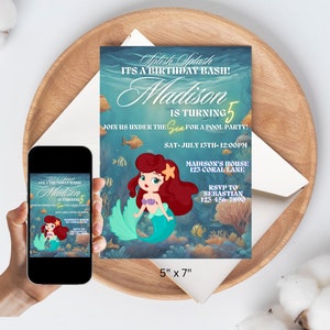 Editable Little Mermaid Invitation template, Ariel girl Birthday Party Mermaid theme invite,  Pool Party Invitation, Template Canva download