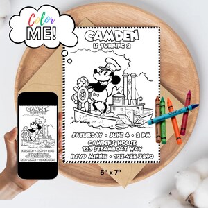 Modello modificabile per invito di compleanno a tema Steamboat Willie, tema per festa di Topolino, invito di Topolino, inviti personalizzati senza tempo